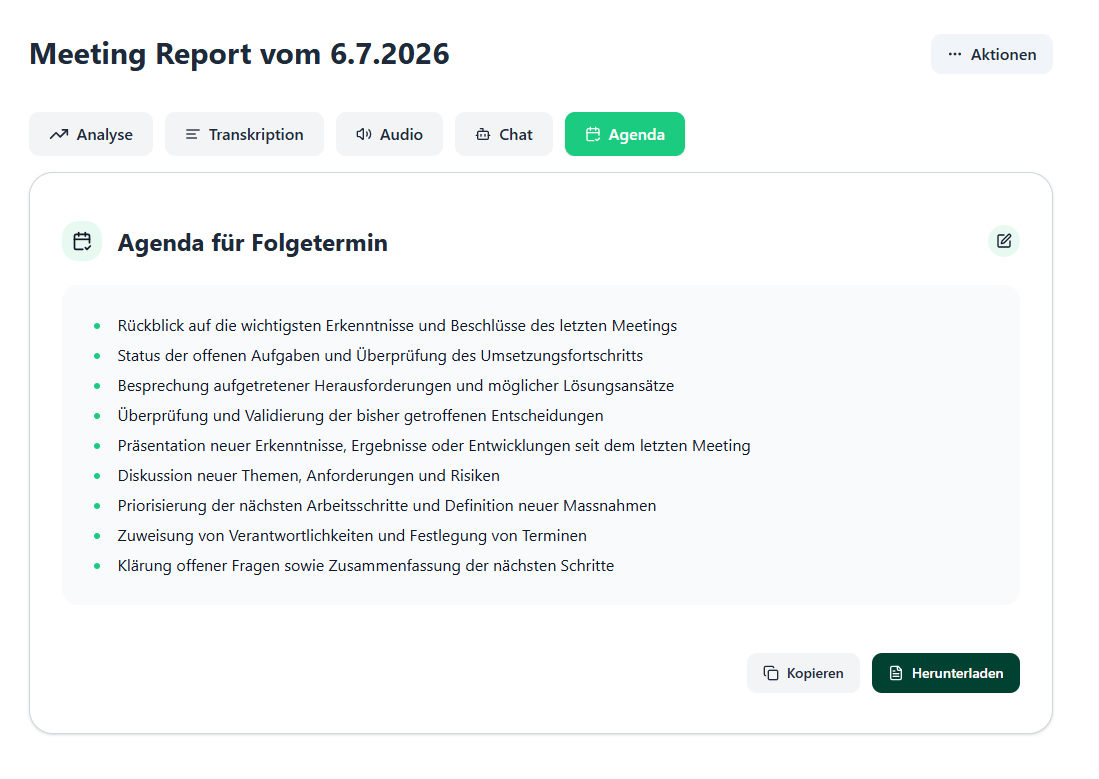 Automatisch generierte Follow-up-Agenda im Meeting Agent