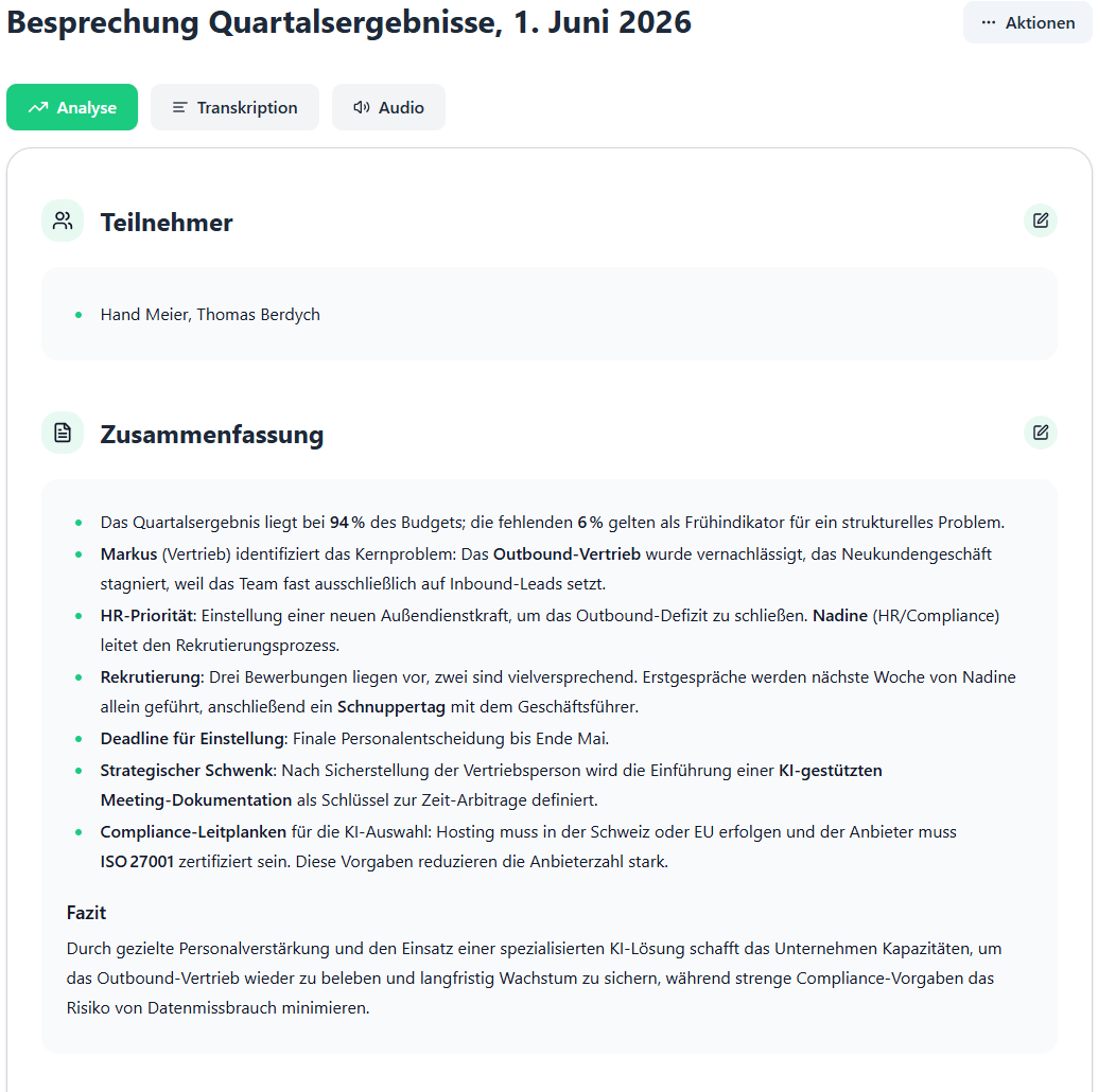 Strukturierte Analyse-Ergebnisse im Meeting Agent: Zusammenfassung, Erkenntnisse, Aufgaben