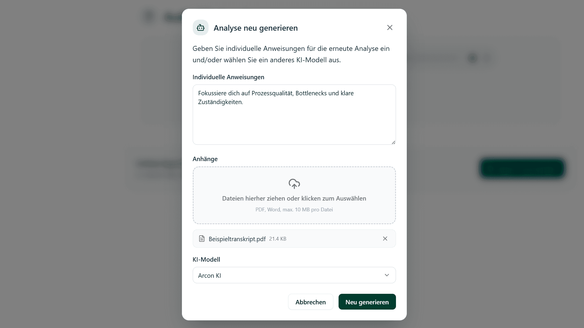 Reprompting-Menü im Meeting Agent