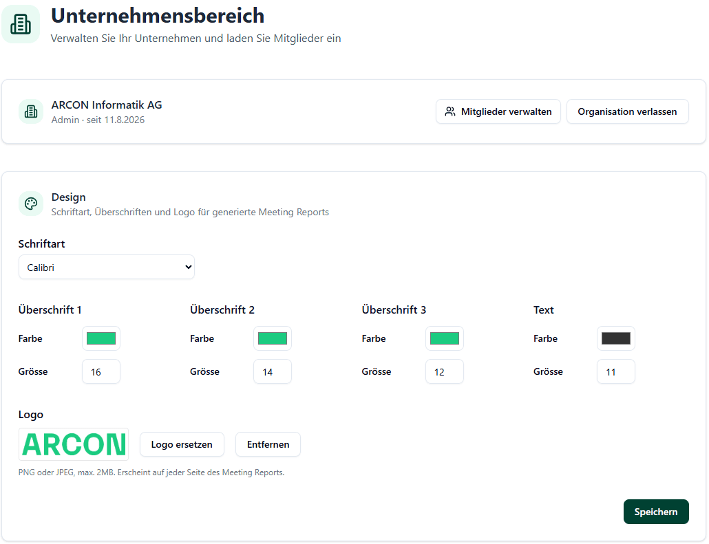 Unternehmensbranding für Meeting-Protokolle mit eigenem Logo und Schriftart